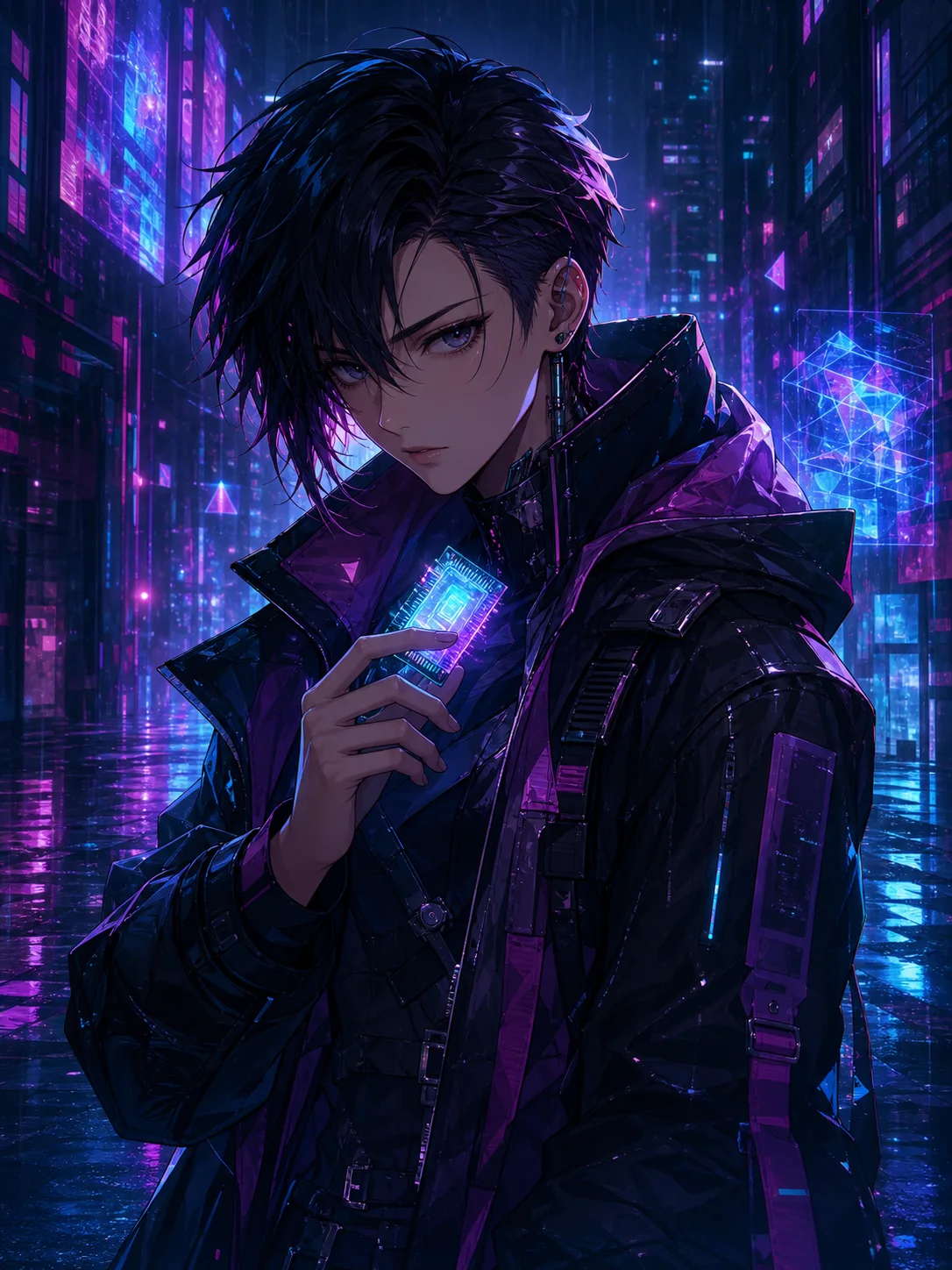 Illustrated courier in a neon city, holding a glowing card