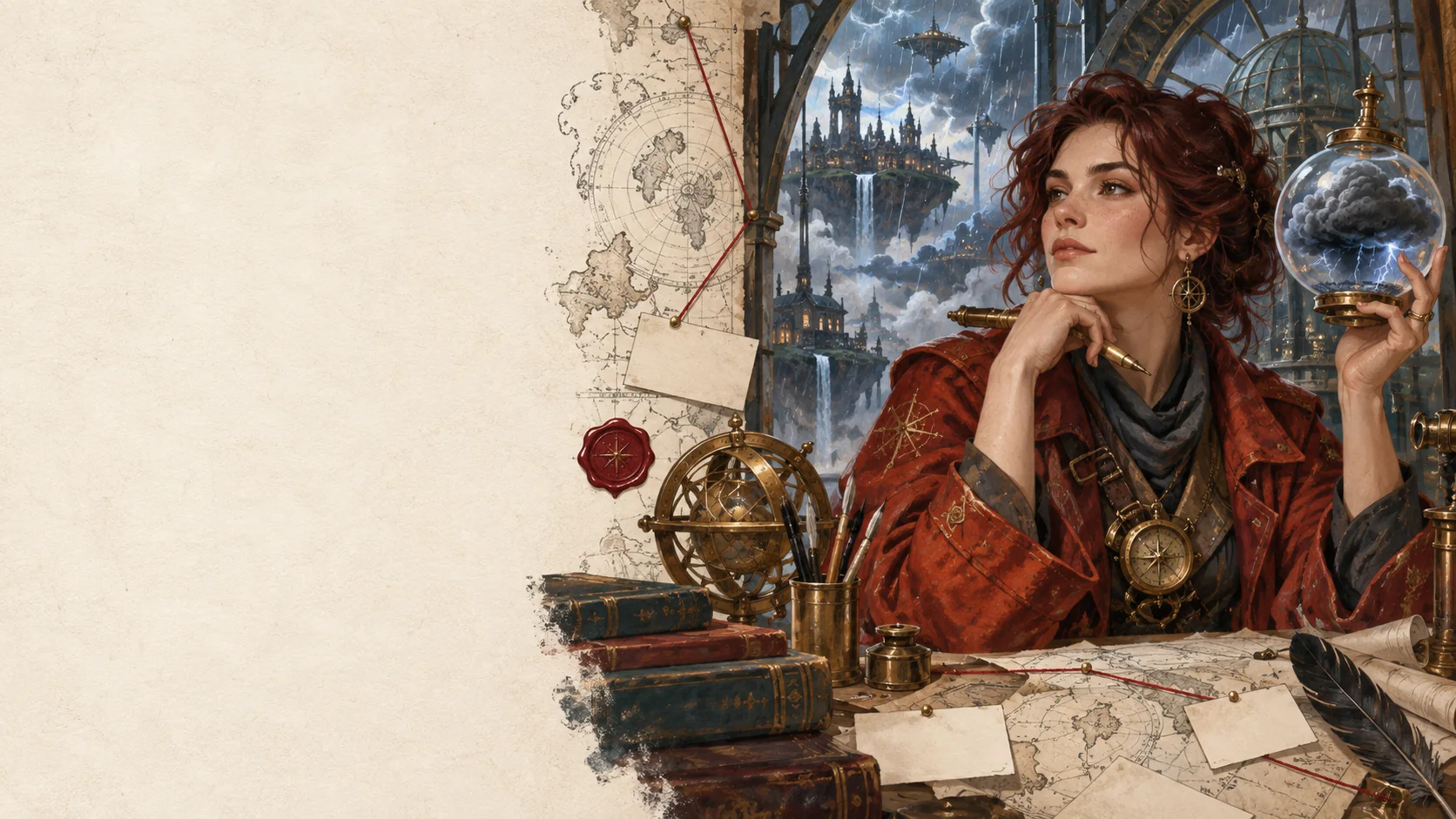 An original fictional weatherkeeper surrounded by maps, storm glass, and a floating city