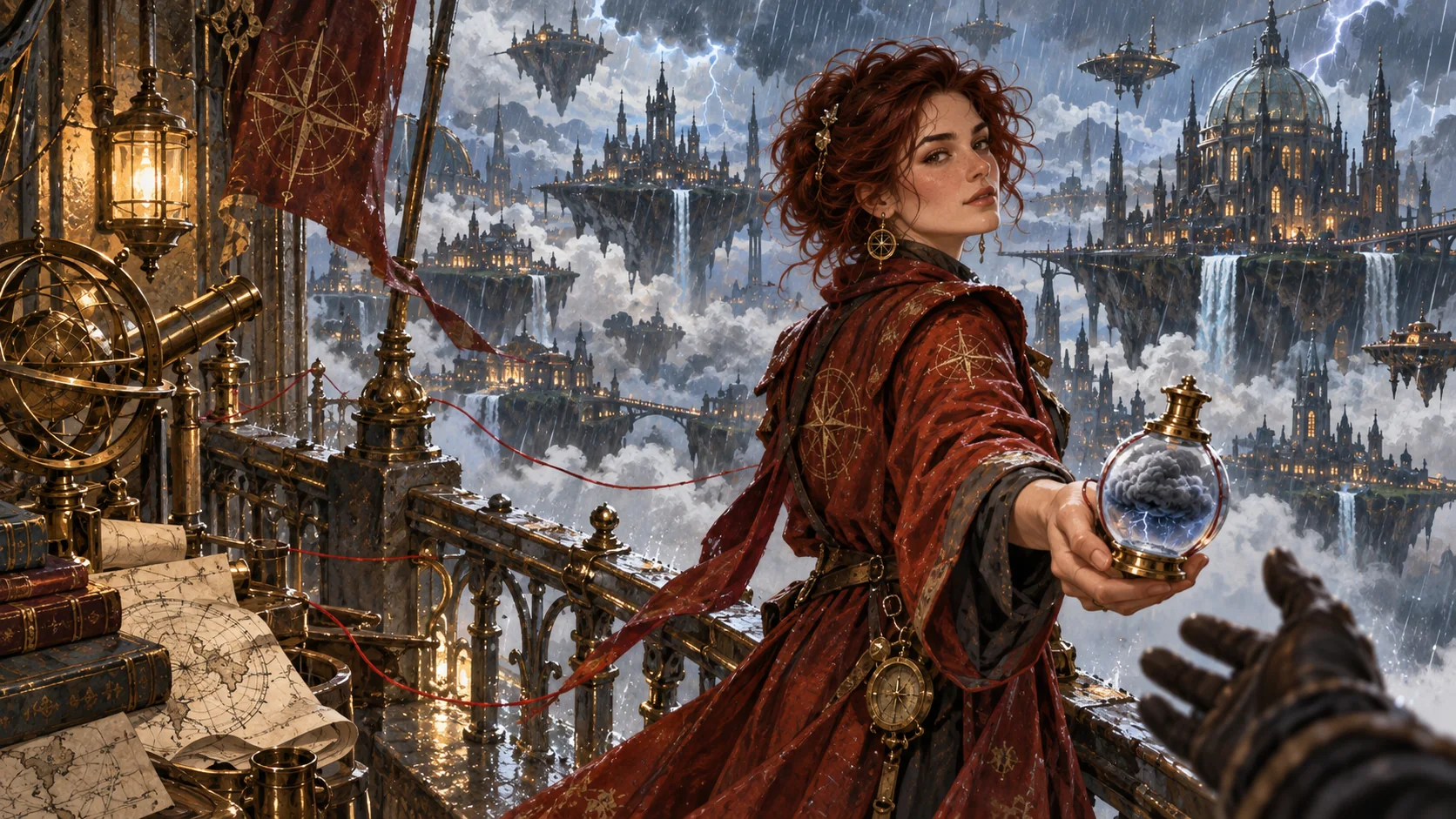 The fictional weatherkeeper offers a storm glass on an observatory balcony above a floating city