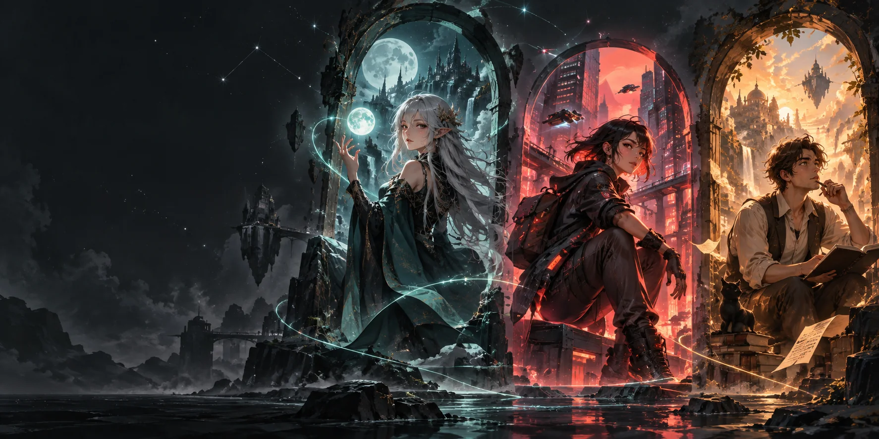 Three fictional character worlds framed by luminous portals