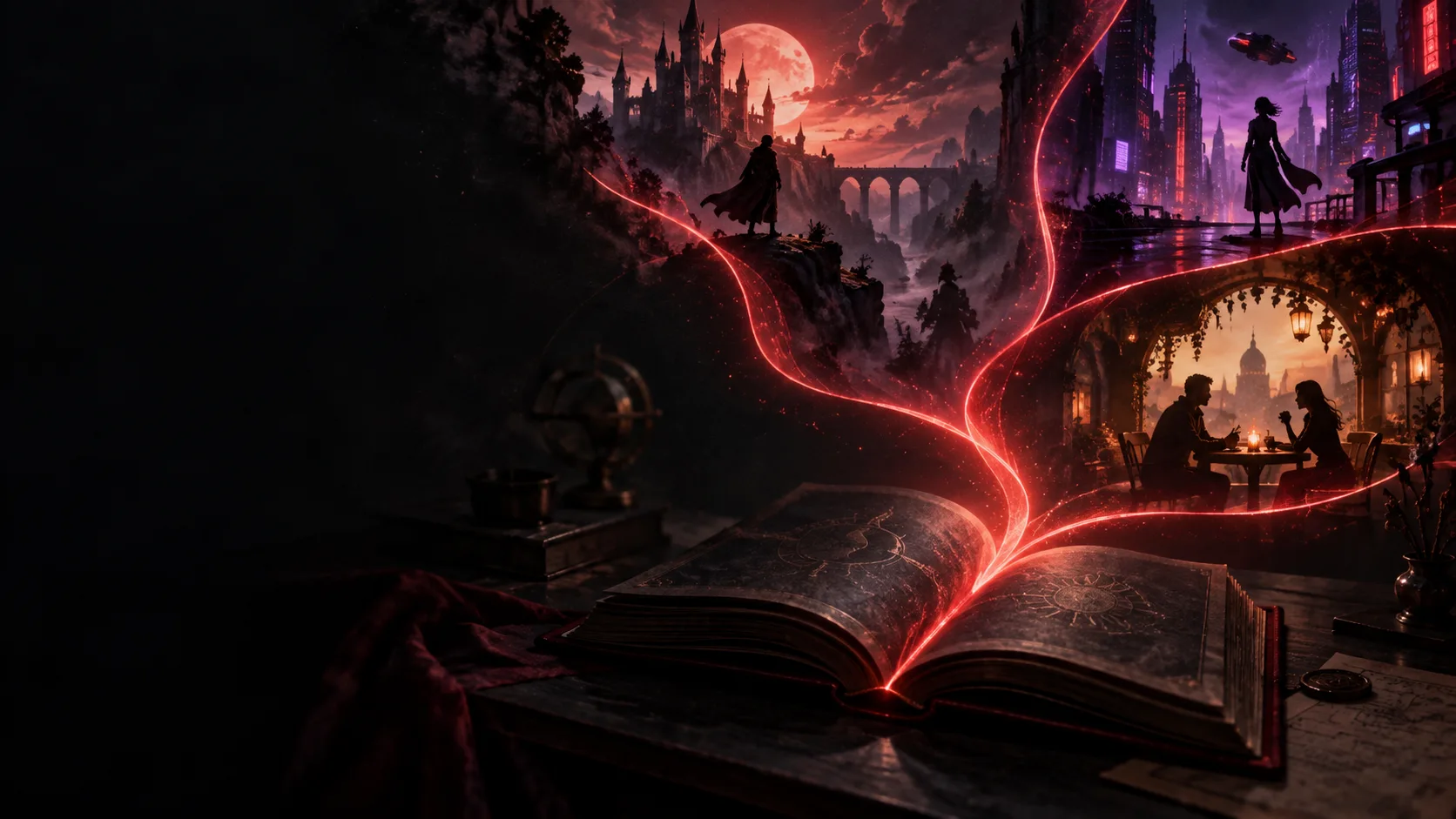 An open storybook branching into fantasy, neon city, and café worlds